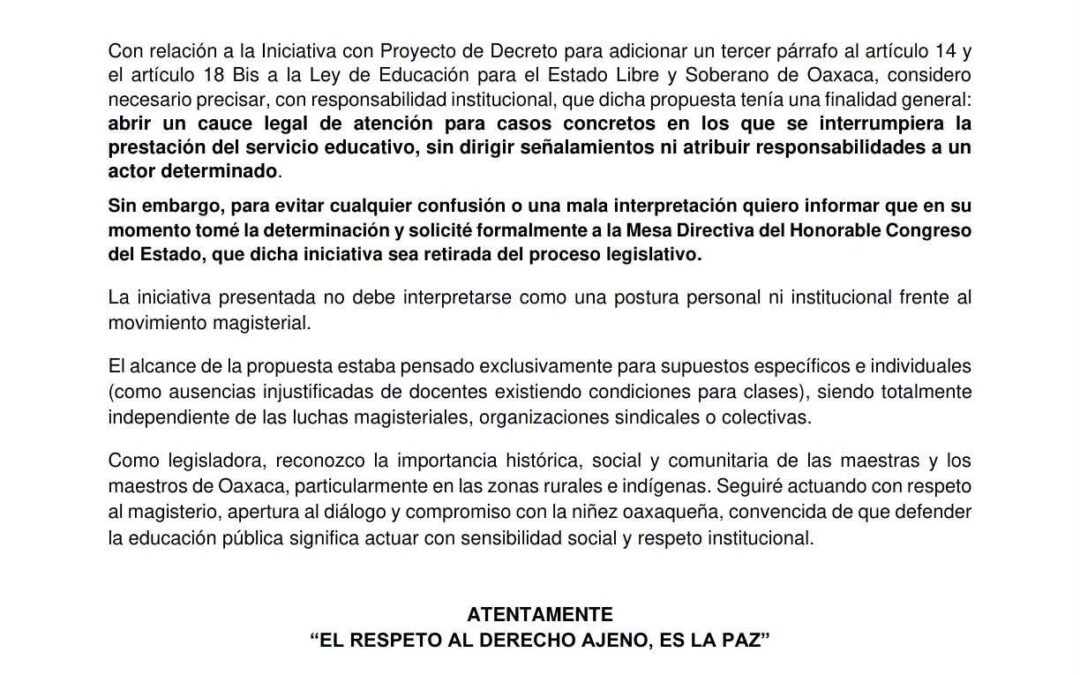 Diputada solicita retirar iniciativa sobre continuidad del servicio educativo