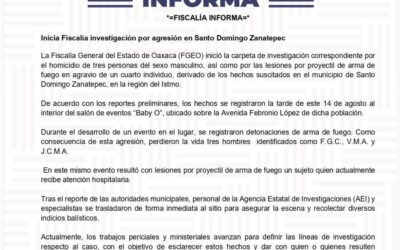 Inicia Fiscalía investigación por agresión en Santo Domingo Zanatepec