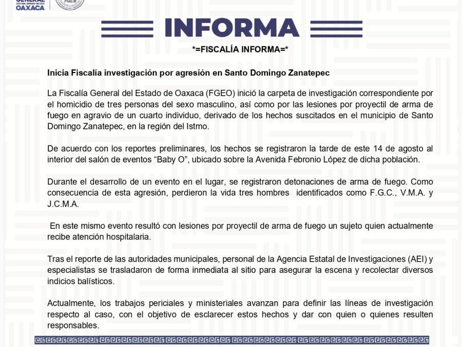 Inicia Fiscalía investigación por agresión en Santo Domingo Zanatepec