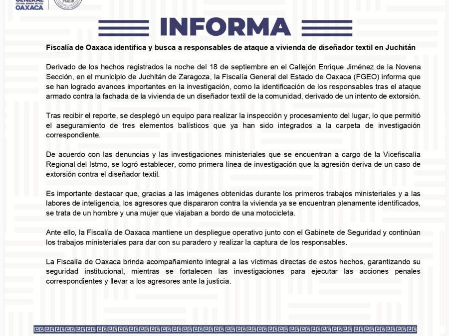 Fiscalía de Oaxaca identifica y busca a responsables de ataque a vivienda de diseñador textil en Juchitán