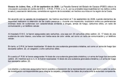 Fiscalía de Oaxaca obtiene vinculación a proceso contra cuatro personas por delitos contra la salud y asociación delictuosa en la Costa