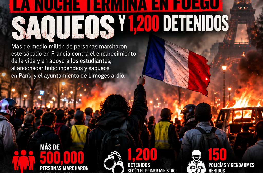 Francia sale por sus escuelas y su salario; la noche termina en fuego y 1,200 detenidos