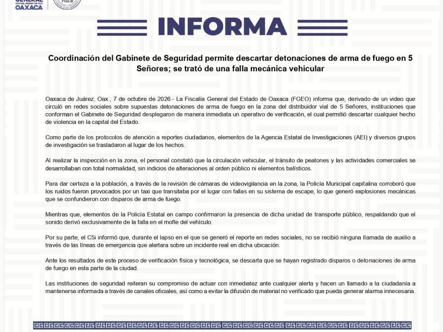 Coordinación del Gabinete de Seguridad permite descartar detonaciones de arma de fuego en 5 Señores; se trató de una falla mecánica vehicular