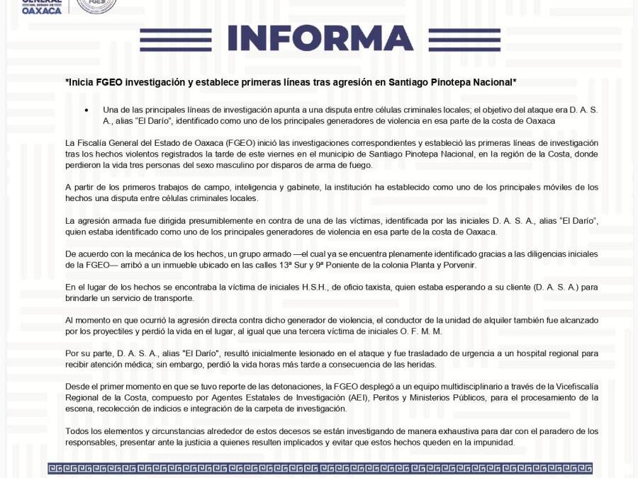 Inicia FGEO investigación y establece primeras líneas tras agresión en Santiago Pinotepa Nacional